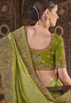 Embroidered Art Silk Jacquard Saree in Olive Green