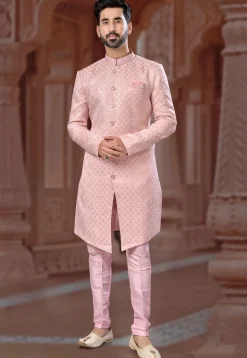 Embroidered Art Silk Jacquard Sherwani in Pink
