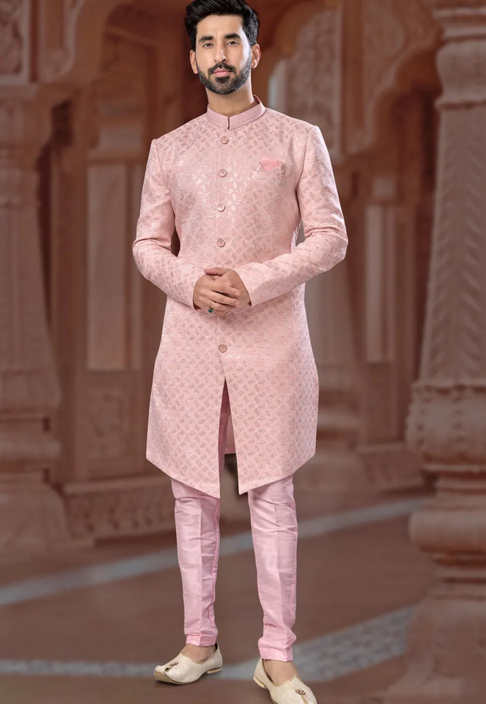 Embroidered Art Silk Jacquard Sherwani in Pink