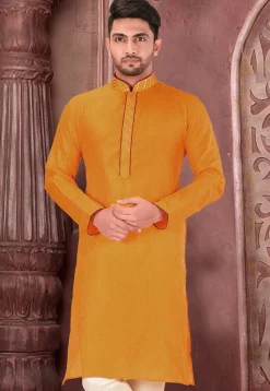 Embroidered Art Silk Jacquard Kurta in Mustard