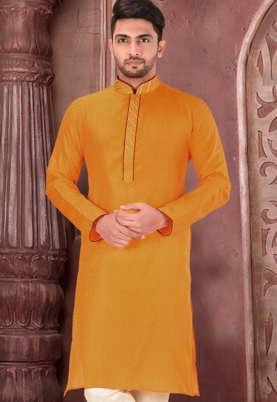 Embroidered Art Silk Jacquard Kurta in Mustard