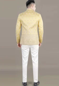 Embroidered Art Silk Jacquard Jodhpuri Suit in Yellow