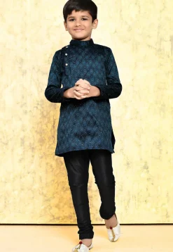 Embroidered Art Silk Jacquard Kurta Set in Navy Blue