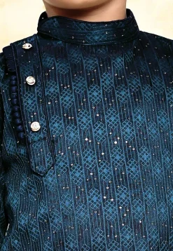 Embroidered Art Silk Jacquard Kurta Set in Navy Blue