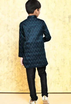 Embroidered Art Silk Jacquard Kurta Set in Navy Blue