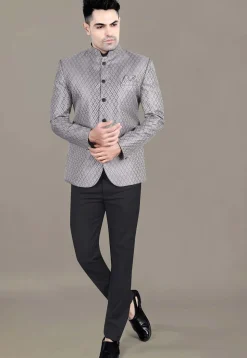 Embroidered Art Silk Jacquard Jodhpuri Jacket in Grey