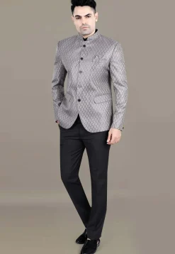 Embroidered Art Silk Jacquard Jodhpuri Jacket in Grey