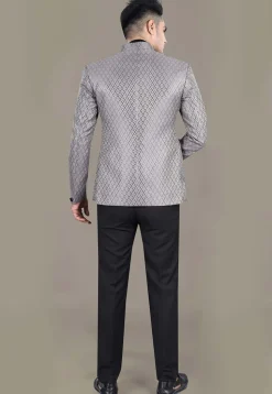 Embroidered Art Silk Jacquard Jodhpuri Jacket in Grey