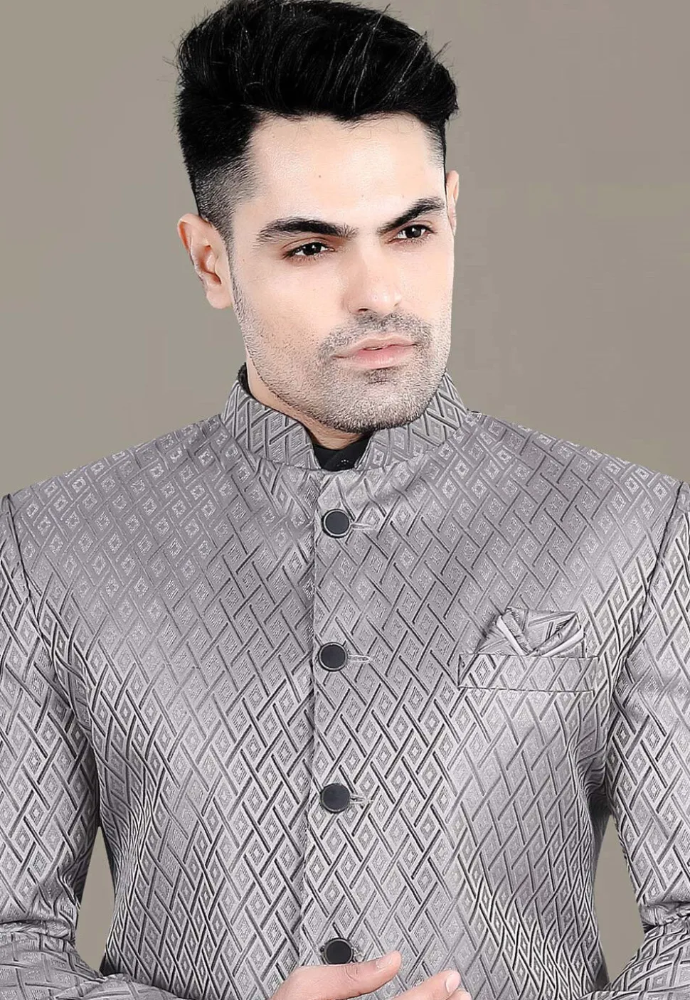 Embroidered Art Silk Jacquard Jodhpuri Jacket in Grey