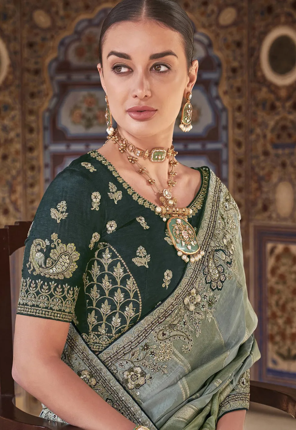 Embroidered Art Silk Jacquard Saree in Dusty Green