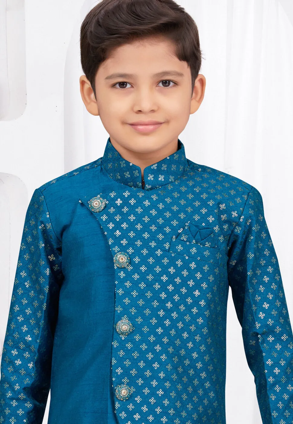 Embroidered Art Silk Jacquard Sherwani in Teal Blue