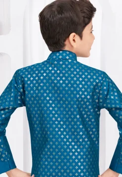 Embroidered Art Silk Jacquard Sherwani in Teal Blue