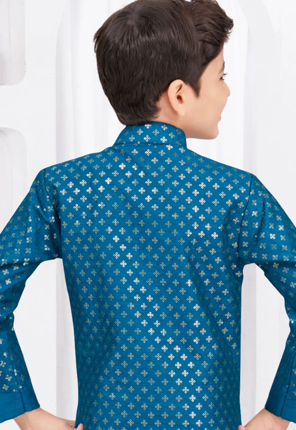 Embroidered Art Silk Jacquard Sherwani in Teal Blue