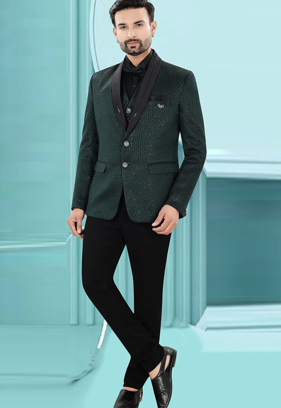 Embroidered Art Silk Jacquard Tuxedo in Dark Green