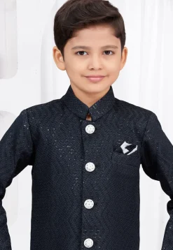 Embroidered Art Silk Jacquard Sherwani in Navy Blue