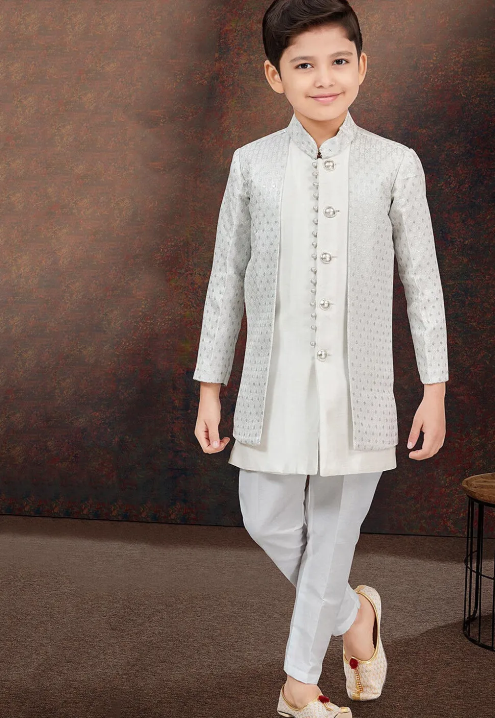 Embroidered Art Silk Jacquard Layered Sherwani in Off White