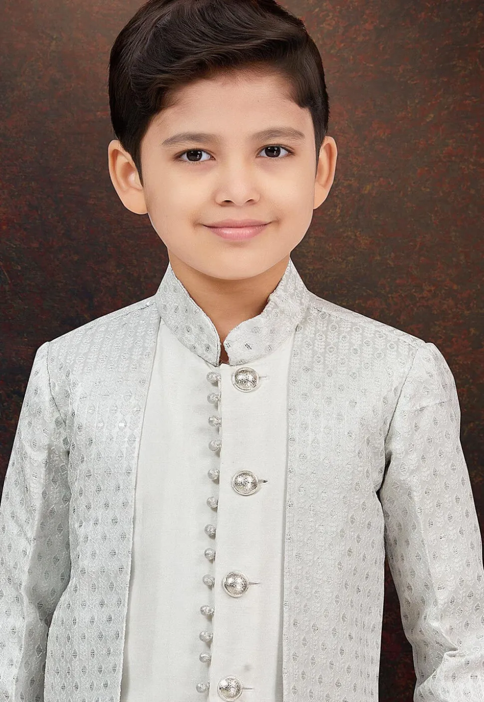 Embroidered Art Silk Jacquard Layered Sherwani in Off White