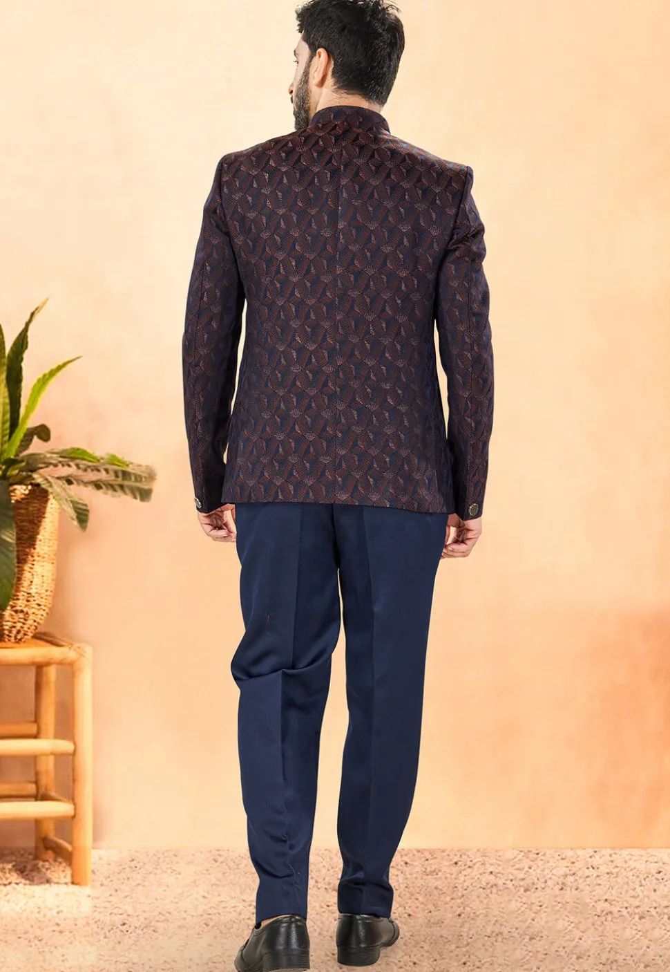 Embroidered Art Silk Jacquard Jodhpuri Suit in Navy Blue