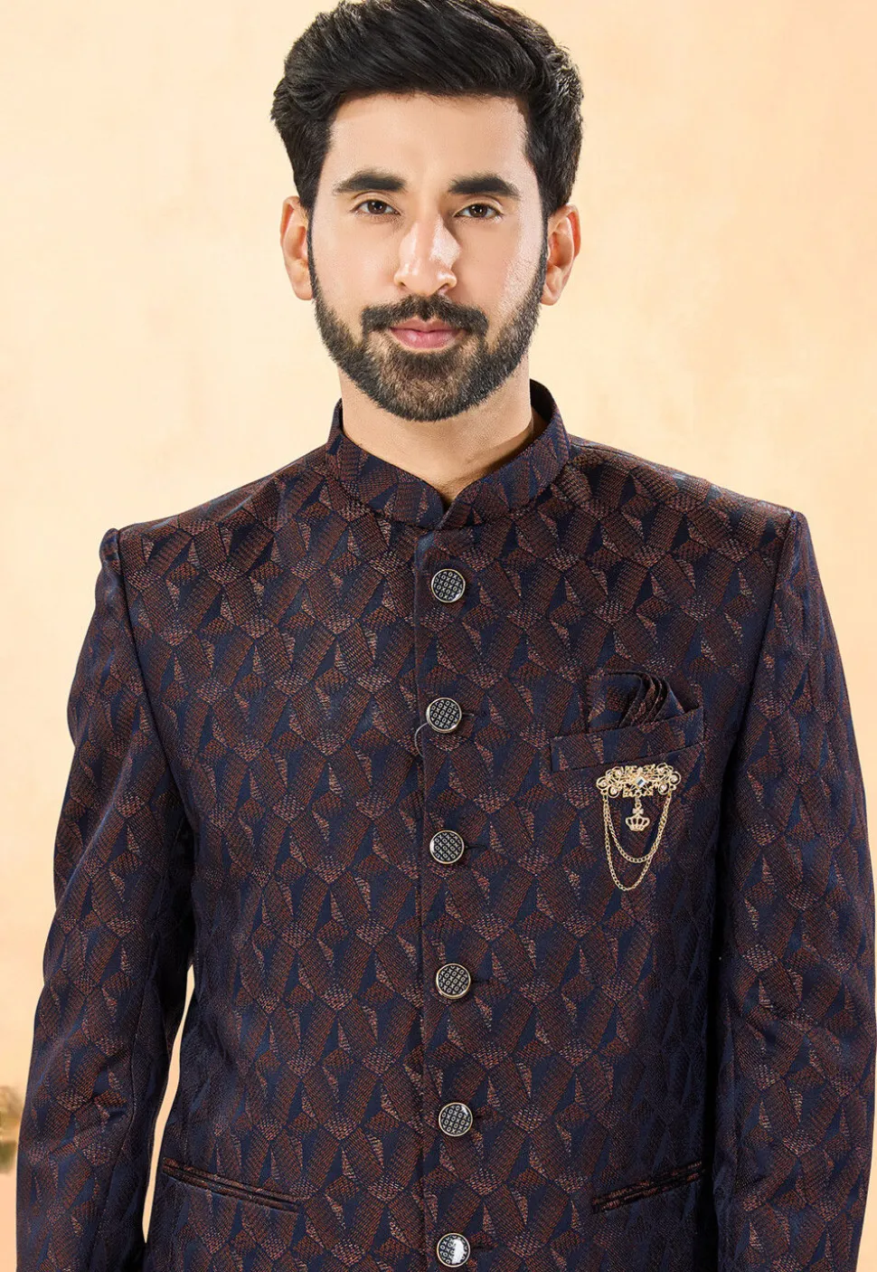 Embroidered Art Silk Jacquard Jodhpuri Suit in Navy Blue