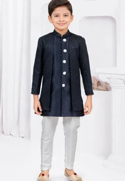 Embroidered Art Silk Jacquard Sherwani in Navy Blue