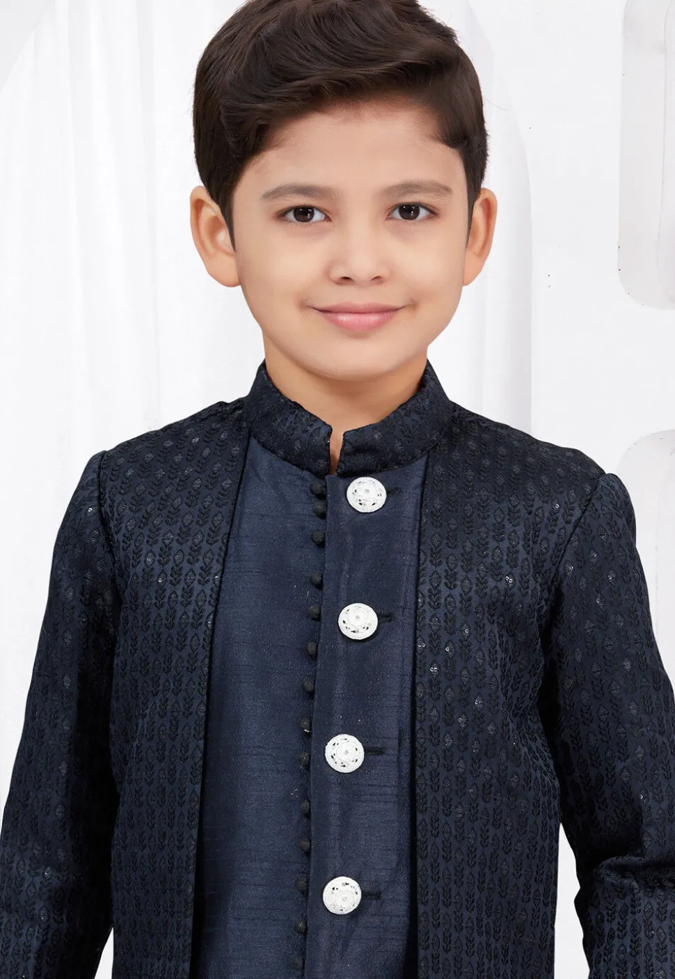Embroidered Art Silk Jacquard Sherwani in Navy Blue