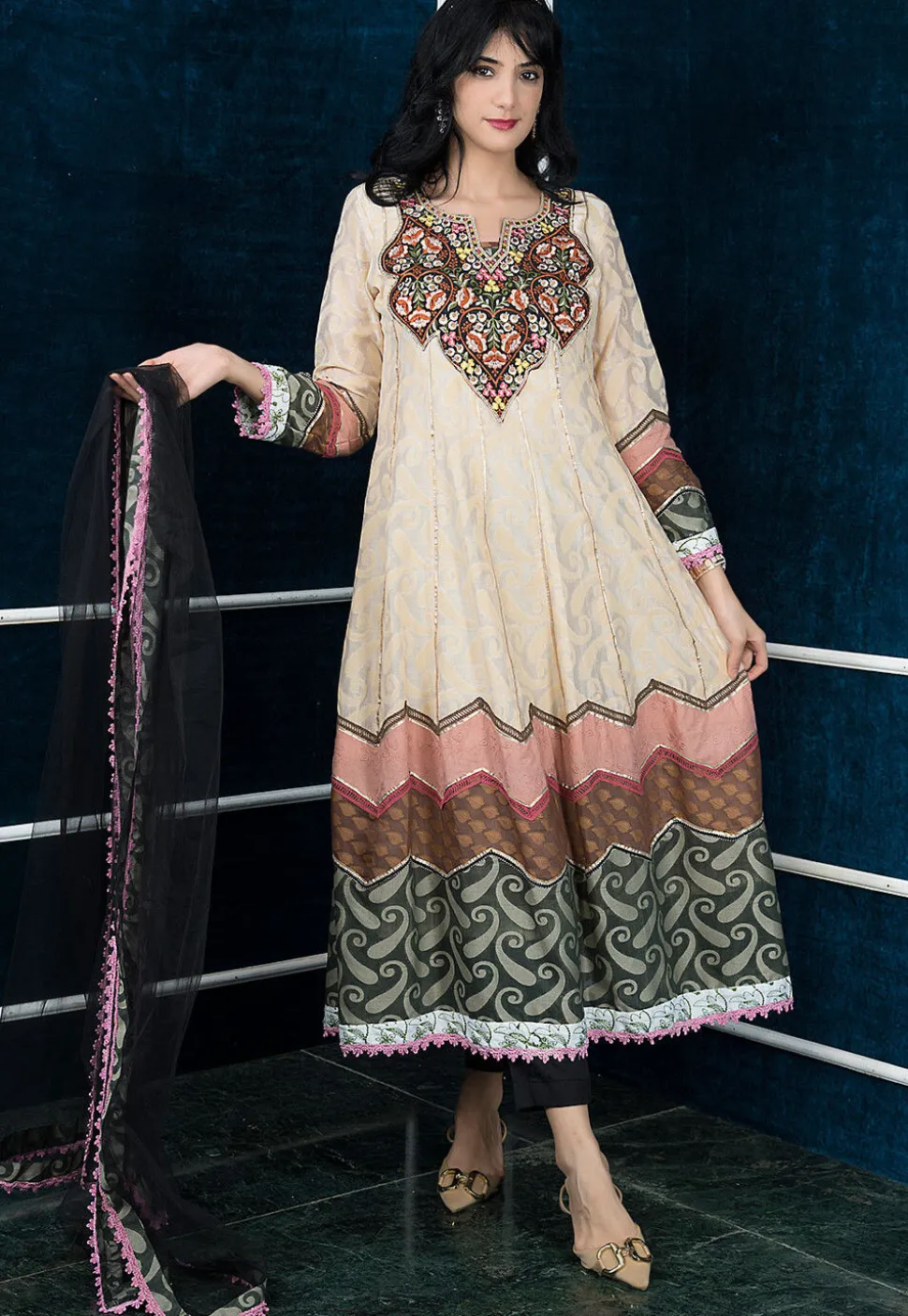 Embroidered Art Silk Jacquard Anarkali Suit in Beige