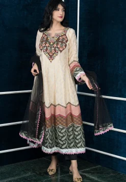 Embroidered Art Silk Jacquard Anarkali Suit in Beige