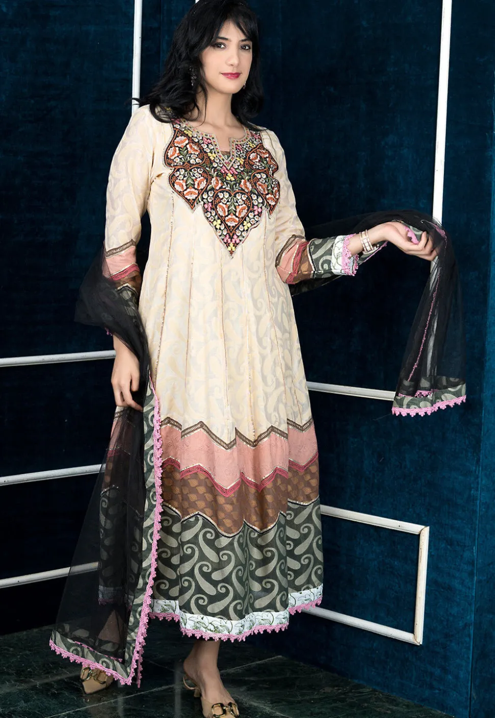 Embroidered Art Silk Jacquard Anarkali Suit in Beige