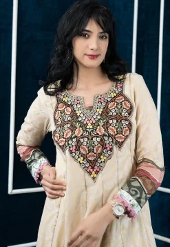 Embroidered Art Silk Jacquard Anarkali Suit in Beige