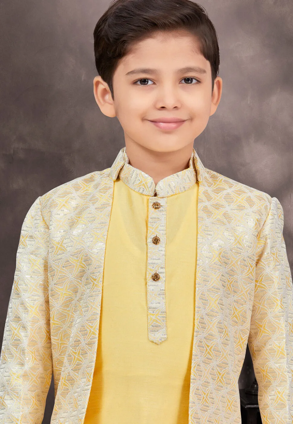Embroidered Art Silk Jacquard Sherwani in Yellow and Cream