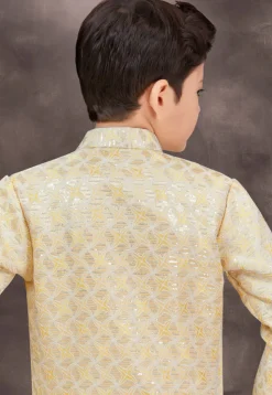Embroidered Art Silk Jacquard Sherwani in Yellow and Cream