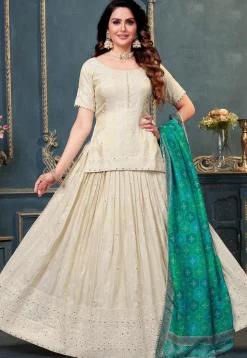 Embroidered Art Silk Jacquard Lehenga Beige