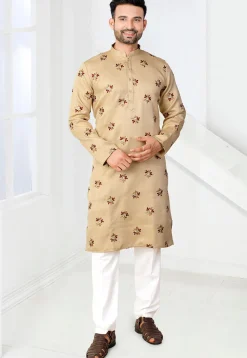 Embroidered Art Silk Jacquard Kurta Set in Beige