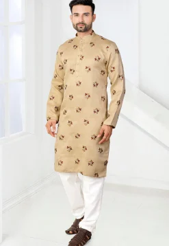 Embroidered Art Silk Jacquard Kurta Set in Beige
