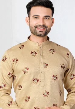 Embroidered Art Silk Jacquard Kurta Set in Beige