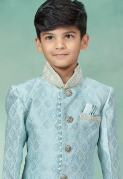 Embroidered Art Silk Jacquard Asymmetric Sherwani in Sky Blue