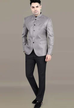 Embroidered Art Silk Jacquard Jodhpuri Suit in Grey