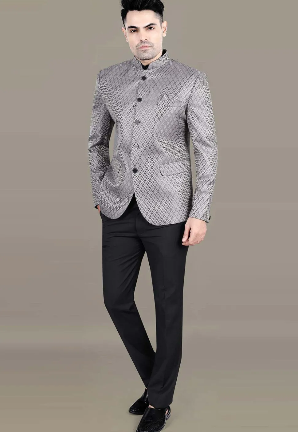 Embroidered Art Silk Jacquard Jodhpuri Suit in Grey