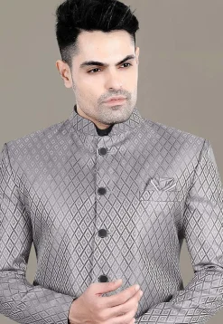Embroidered Art Silk Jacquard Jodhpuri Suit in Grey