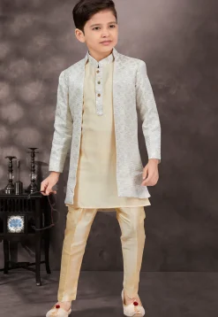 Embroidered Art Silk Jacquard Sherwani in Off White and Cream