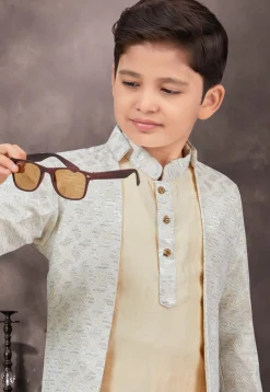 Embroidered Art Silk Jacquard Sherwani in Off White and Cream