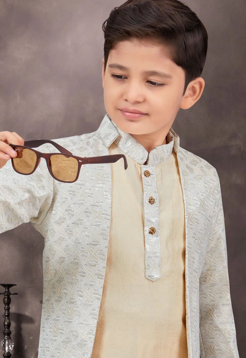 Embroidered Art Silk Jacquard Sherwani in Off White and Cream