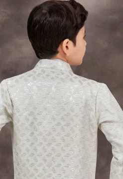 Embroidered Art Silk Jacquard Sherwani in Off White and Cream