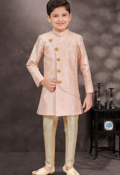 Embroidered Art Silk Jacquard Sherwani in Peach