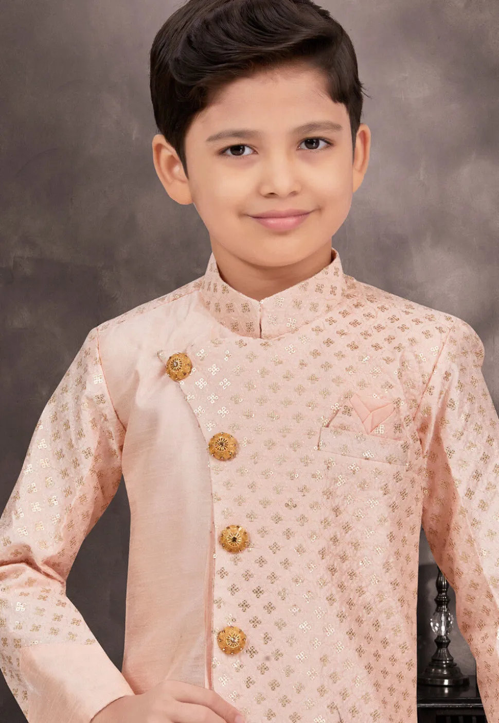 Embroidered Art Silk Jacquard Sherwani in Peach