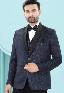 Embroidered Art Silk Jacquard Blazer in Blue