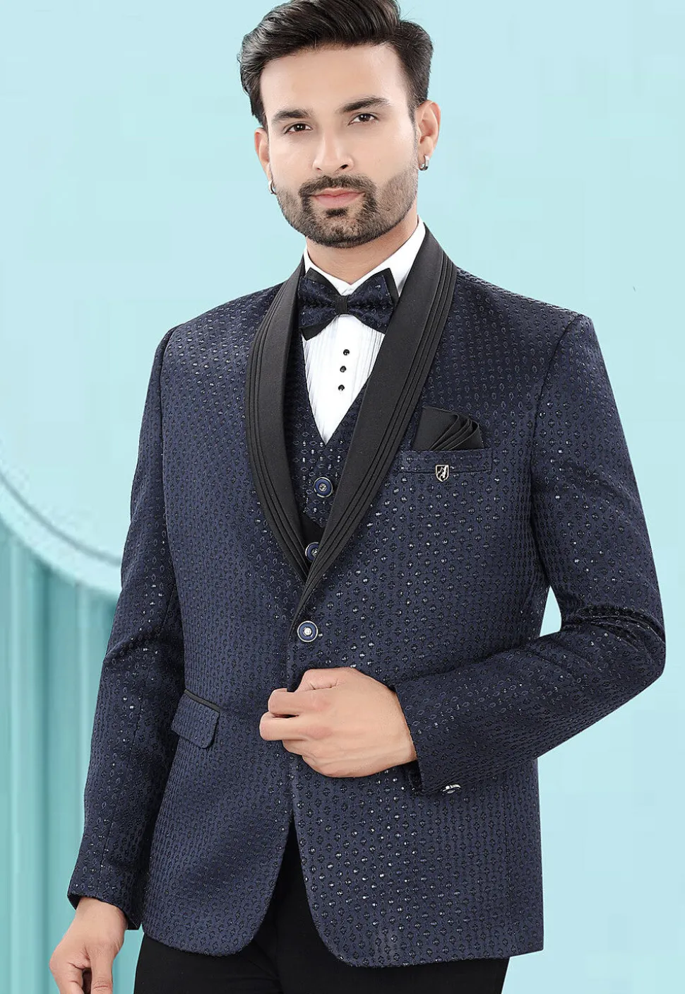 Embroidered Art Silk Jacquard Blazer in Blue