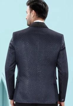 Embroidered Art Silk Jacquard Blazer in Blue
