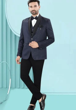 Embroidered Art Silk Jacquard Blazer in Blue