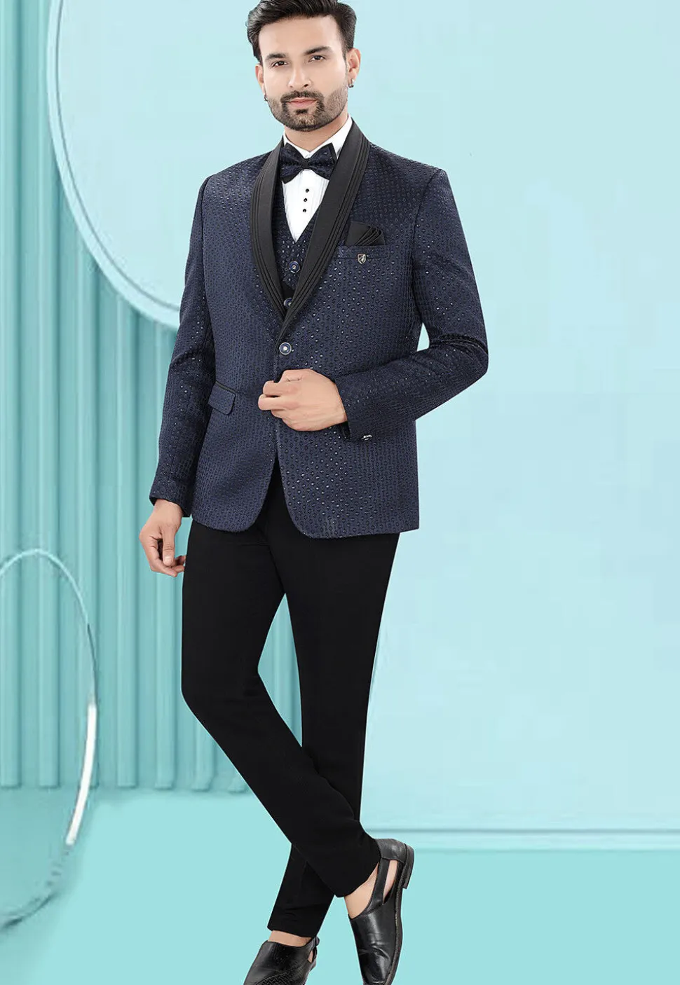 Embroidered Art Silk Jacquard Blazer in Blue